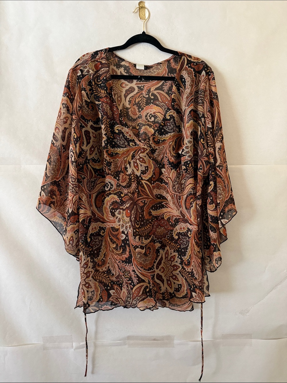 Zenobia Sheer Paisley Kimono Top Plus Sz 5XL Brown Boho Bell Sleeve Tunic Flowy